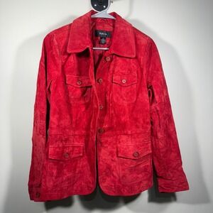 Style & Co. Womens Suede Leather Jacket Red‎ Button Front Pockets M